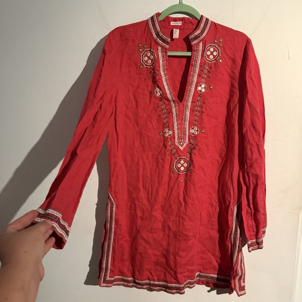 Old Navy Womens Tunic Shirt 100% Linen Embroidered Casual Beachy Size Large
